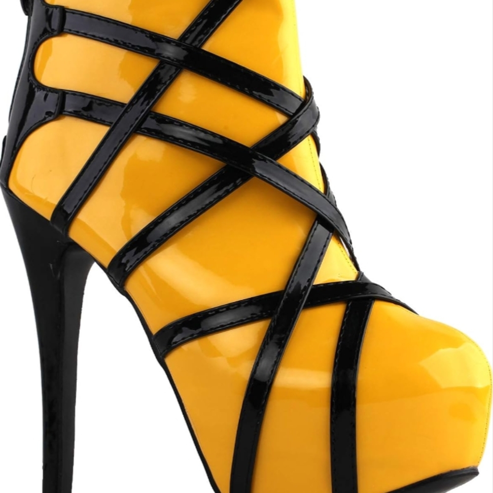 Yellow and Black Strappy High Heel Shoes